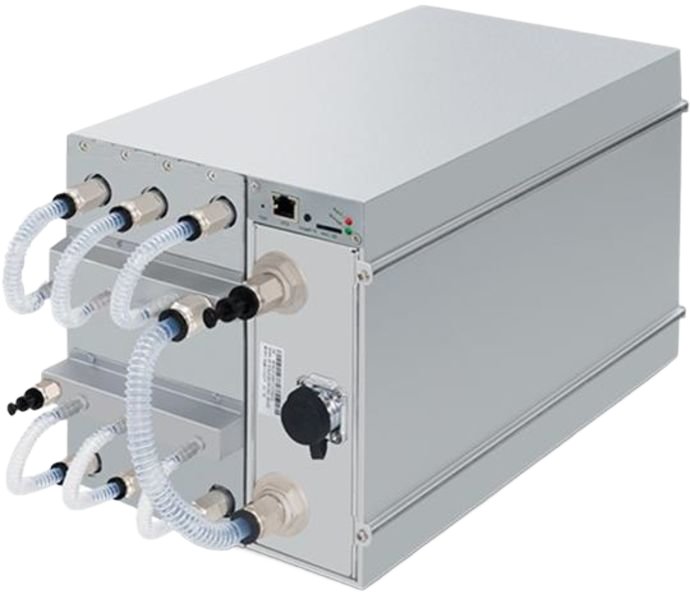 Bitmain Antminer S21 XP Hyd liquid-cooled Bitcoin miner with blue coolant hoses and quick-connect fittings