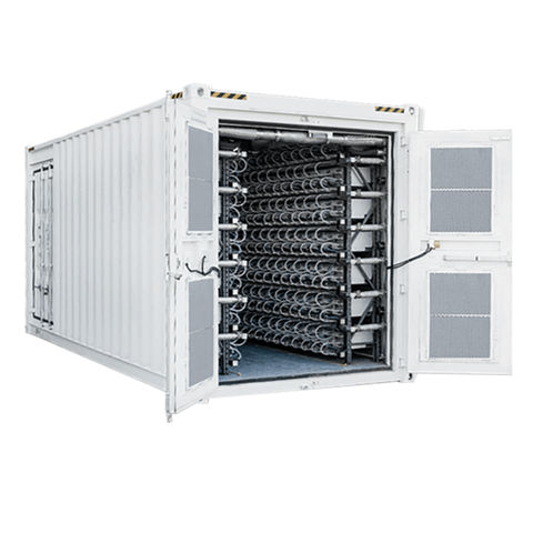 Bitmain Antspace HK3 hydro cooling container with doors open, showing racked Antminer Hydro miners and coolant manifolds, deployed for Bitcoin mining in the UAE